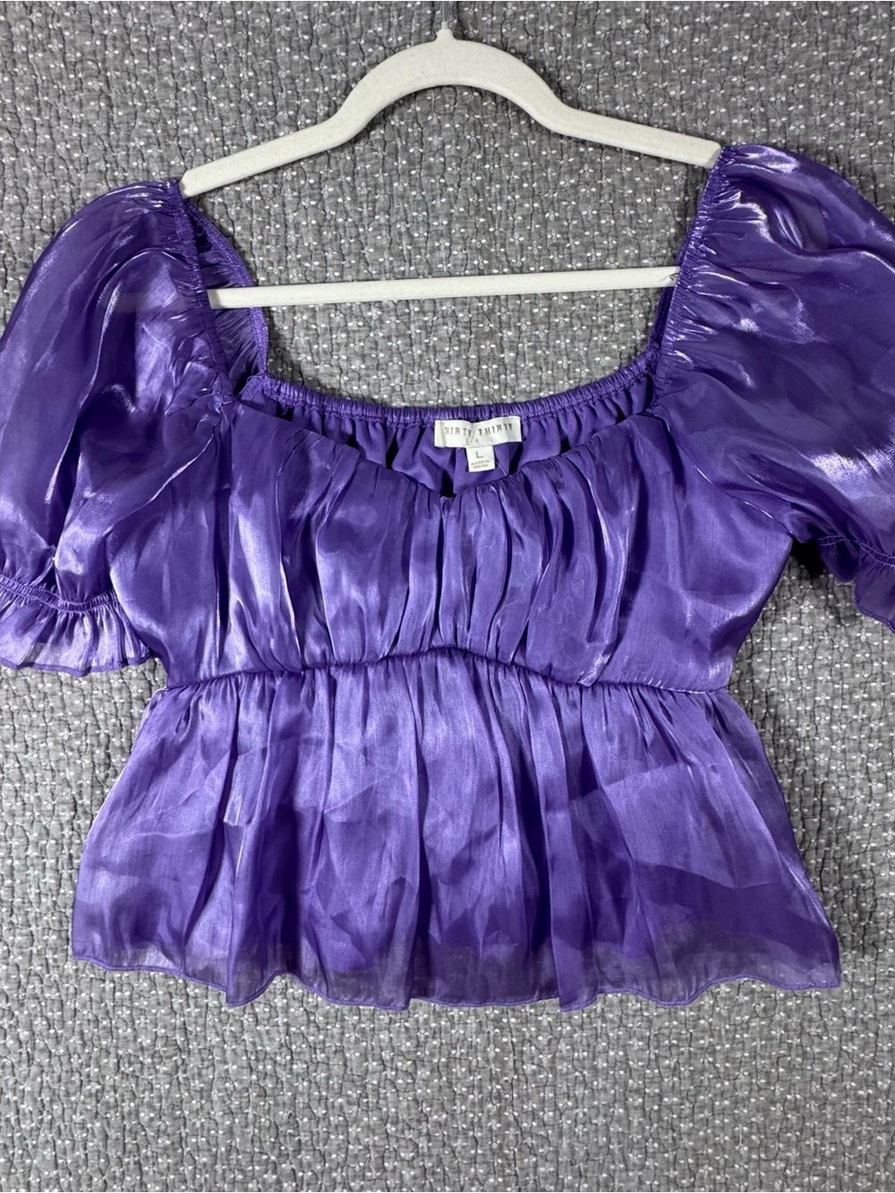 Puff-Sleeve Sheer Peplum Blouse in Shiny Purple